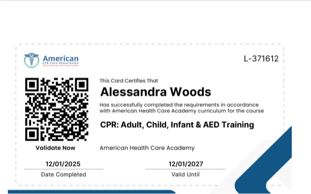 American CPR Care Association card certifying Alessandra Woods in CPR for adult, child and infant plus AED training