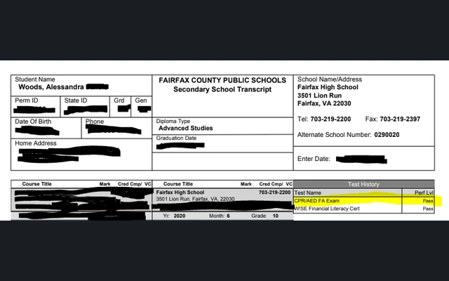 Fairfax County Public Schools transcript for Alessandra Woods showing CPR/AED FA Exam passed