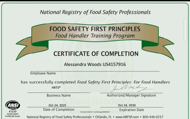 National Registry of Food Safety Professionals Food Handler certificate of completion for Alessandra Woods