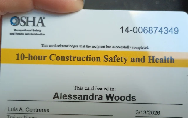OSHA 10 card issued to Alessandra Woods for 10-hour Construction Safety and Health
