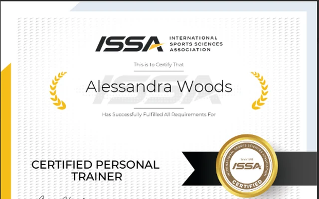 ISSA Certified Personal Trainer certificate awarded to Alessandra Woods