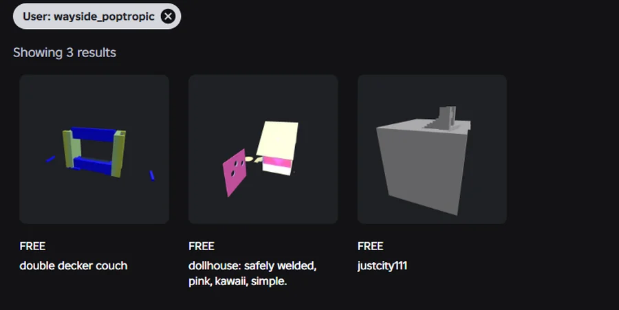 Three free Roblox Creator Store models by wayside_poptropic: a double decker couch, a pink dollhouse, and justcity111